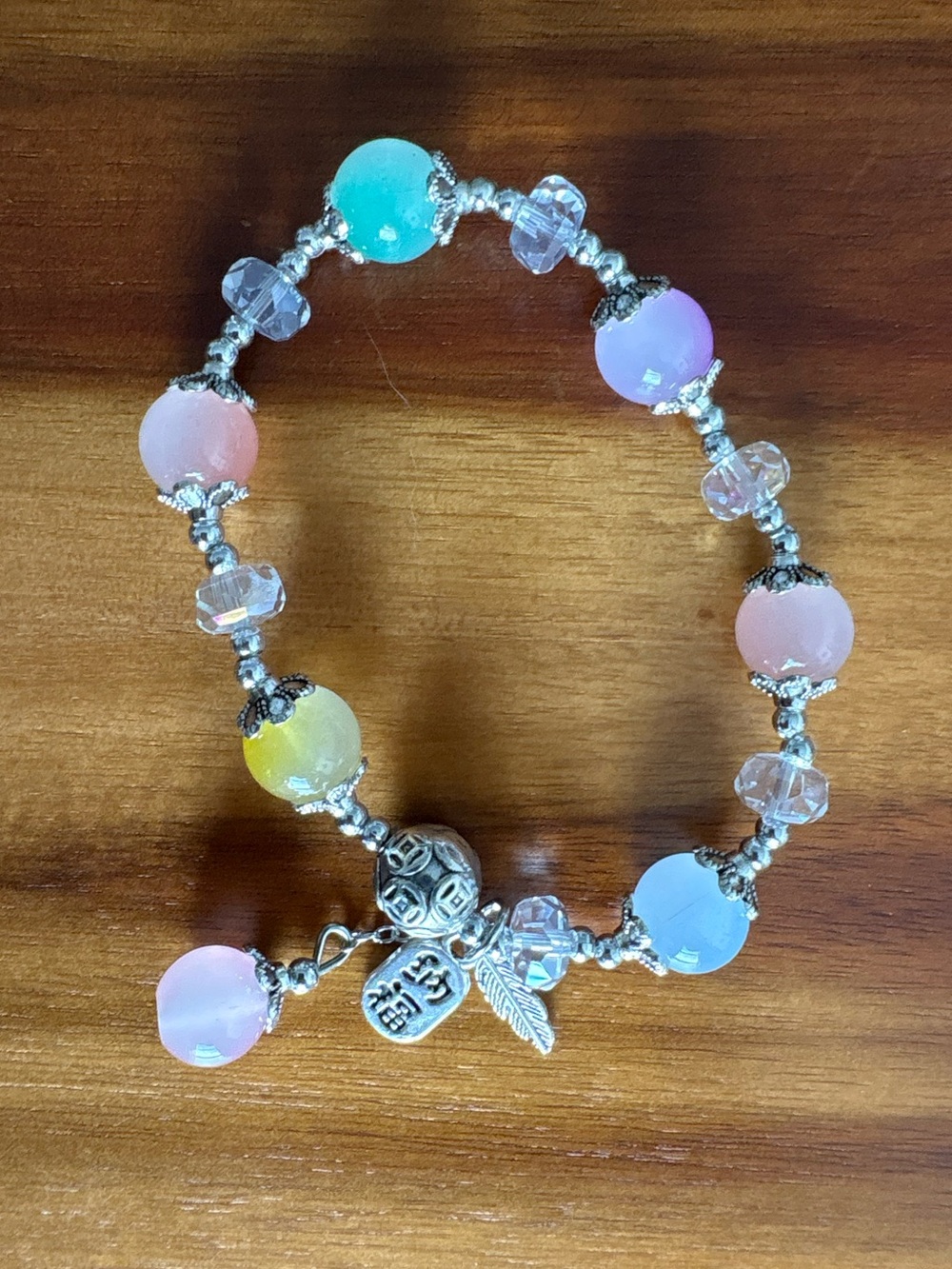 Pastel Glass Bead Charm Stretch Bracelet Silver Tone Feather Fortune Coin Lucky